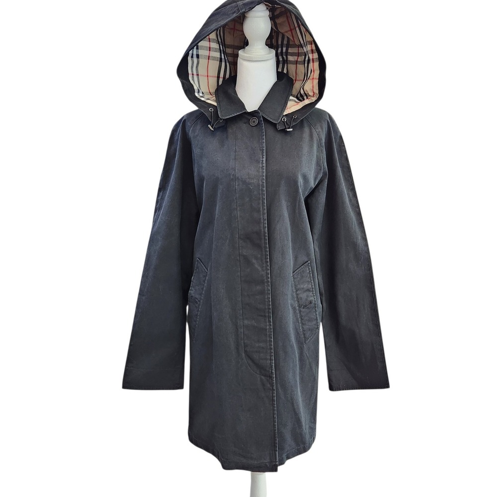 Vintage Burberry London Black Hooded Trench Coat Nova Check Lining Cotton Jacket - Picture 3 of 12
